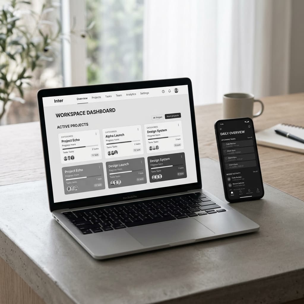 Device mockups displaying clean UI screens
