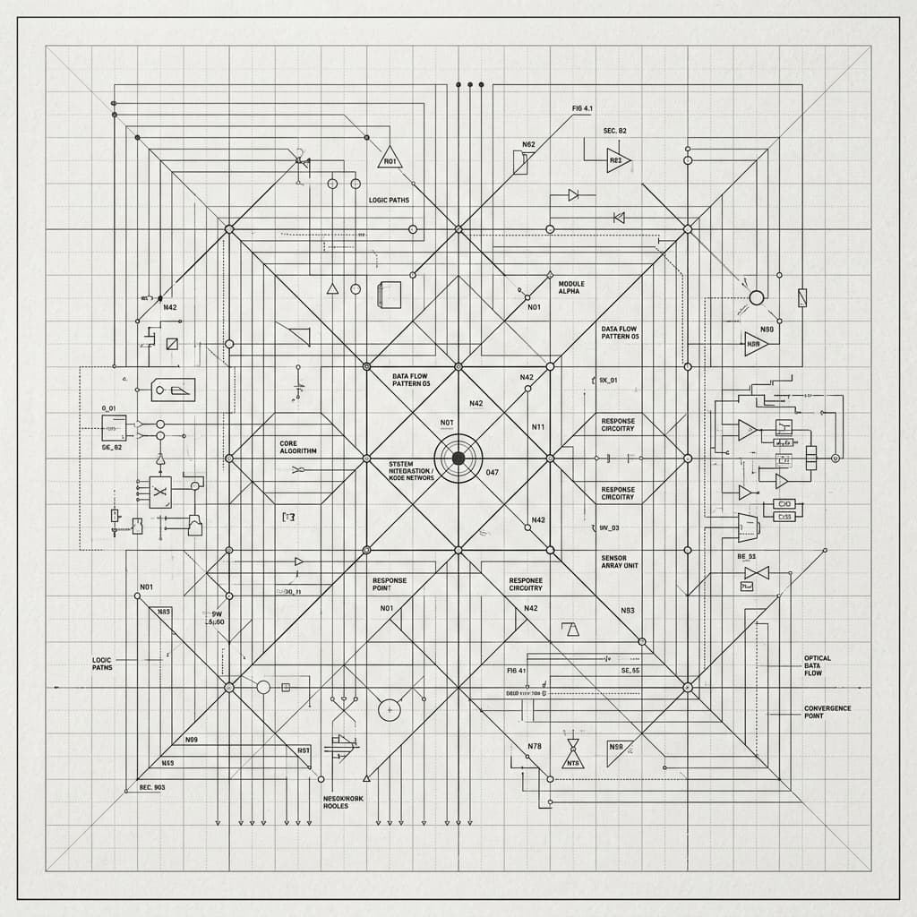 Abstract grayscale composition: structured grids, nodes, and system diagrams